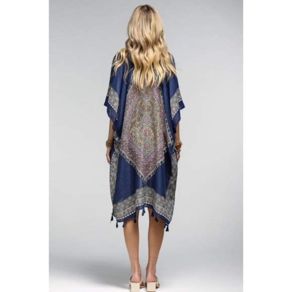Azura Navy Ethnic Motif Print Tassel Kimono Wrap Open Coverup Top One Size - Picture 4 of 6